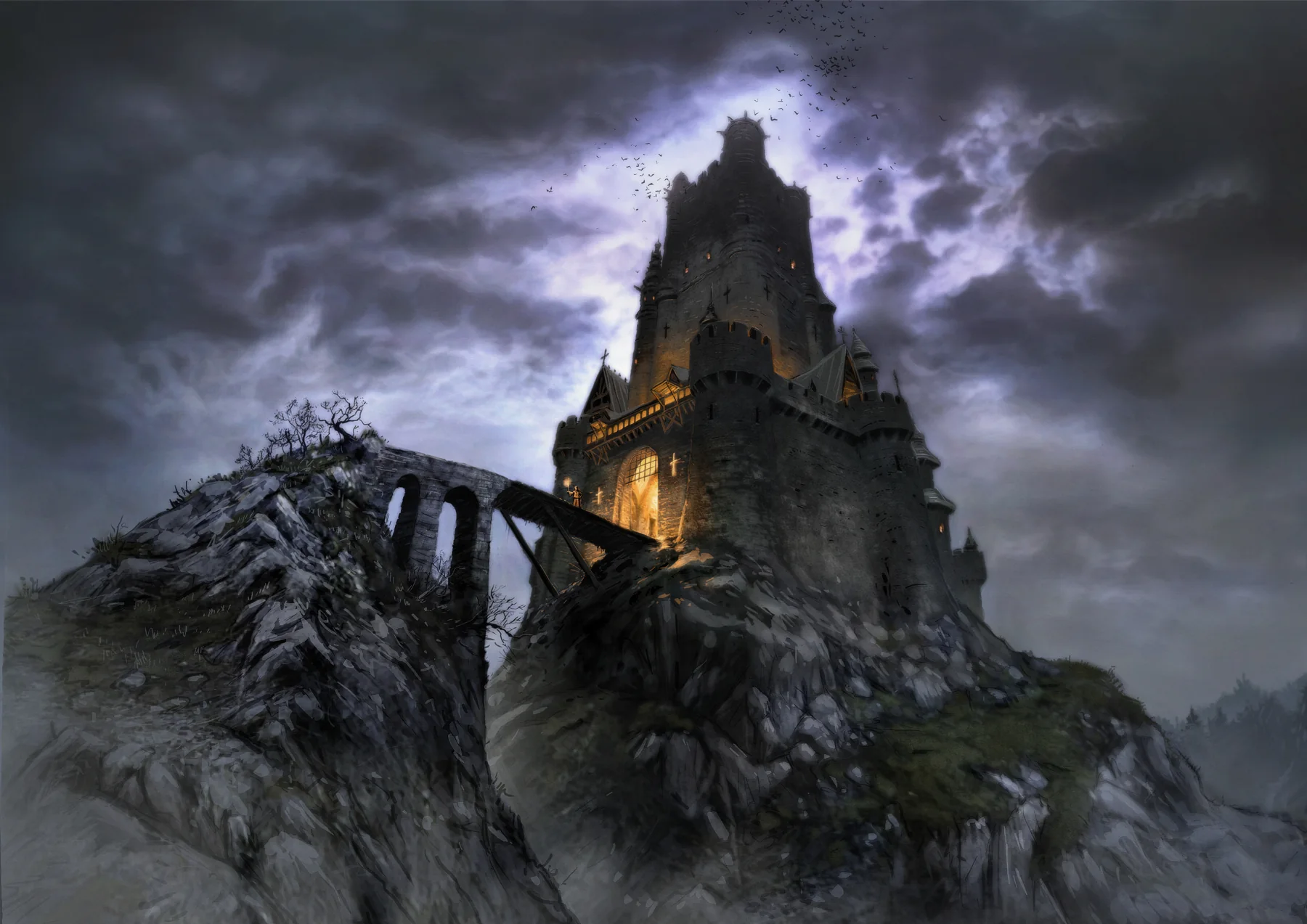 Original concept painting of a fortress beneath a stormy sky