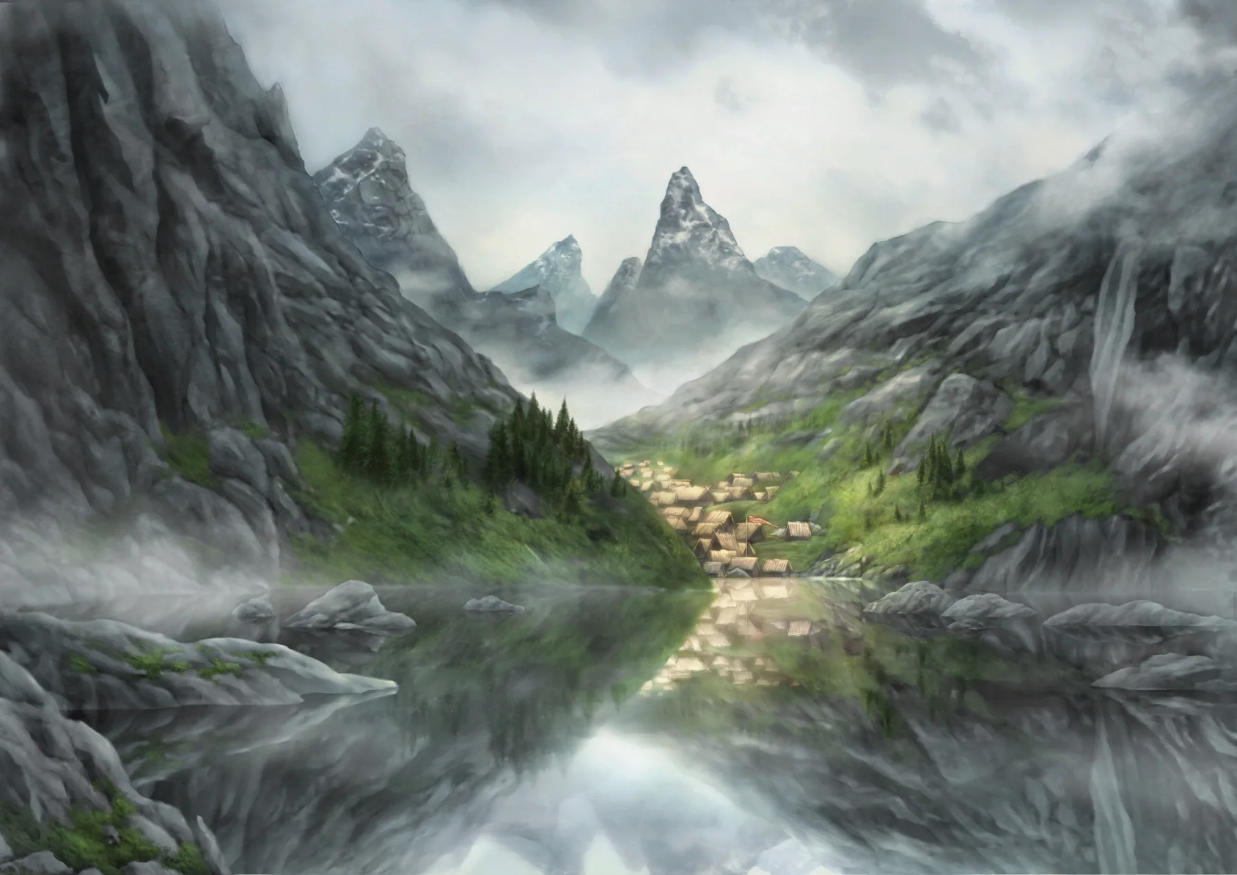 Original concept art of a misty fjord village
