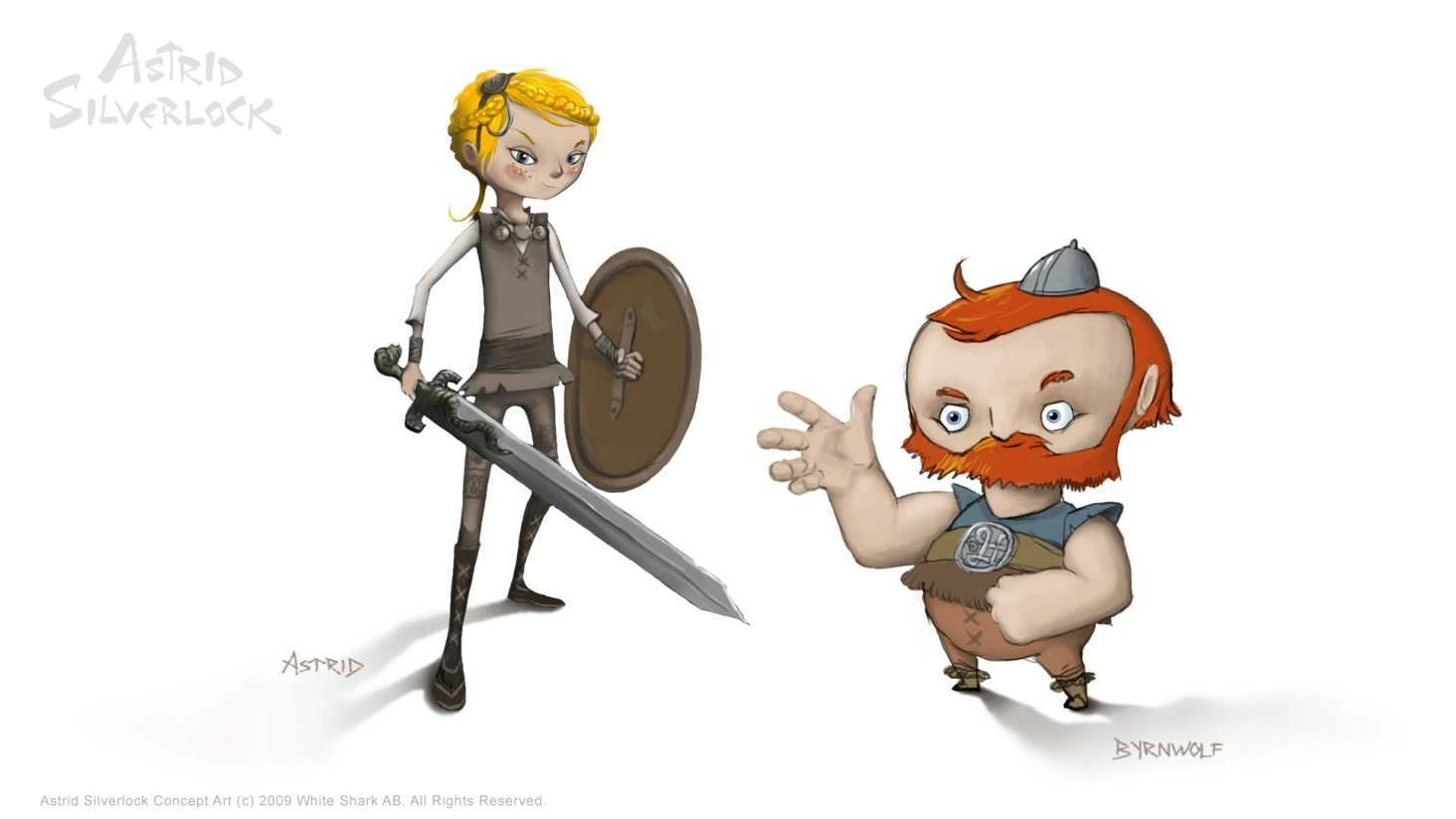 Original 2009 drawings of Astrid with her sword and shield, and the red-haired Byrnwolf