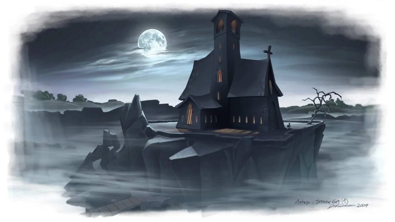 Original concept painting of a wooden church on a rocky island under the moon